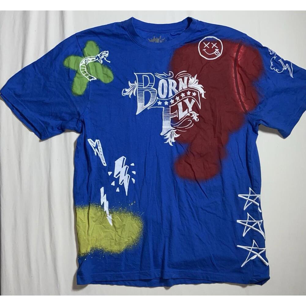 Born Fly T-Shirt Mens Size 2X Blue AOP Streetwear Short Sleeve Crew Neck Stretch